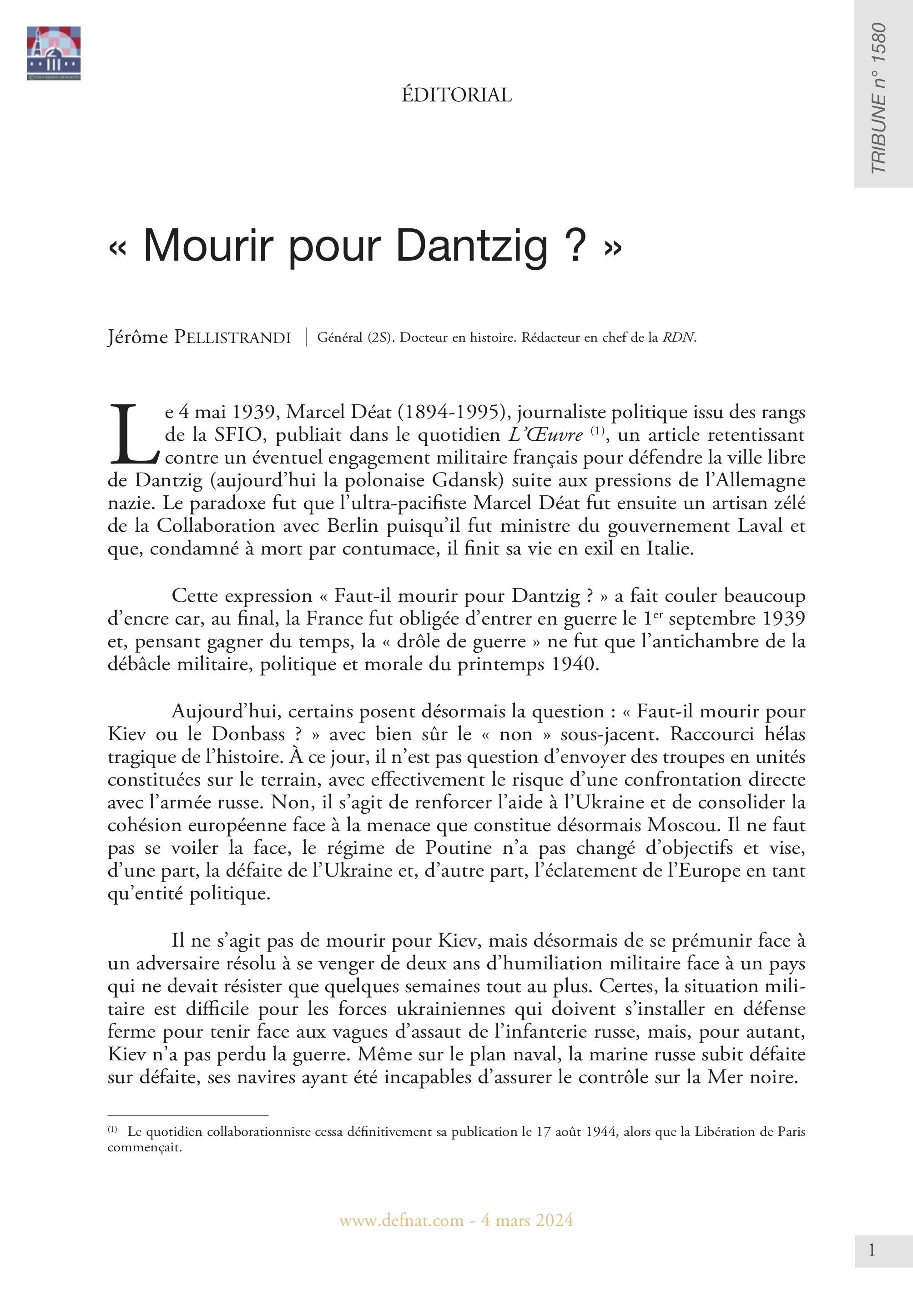 Éditorial – « Mourir pour Dantzig ? » (T 1580)
